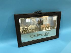 An original oak framed 'Worthington on Draught' glass panel, 23 x 38cm