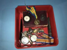 Box of assorted including medals, pocket watches etc