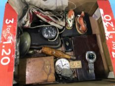 Box of assorted including a knitting sheath, silver spoons, pocket watch etc
