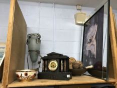Slate mantle clock and various decorative items