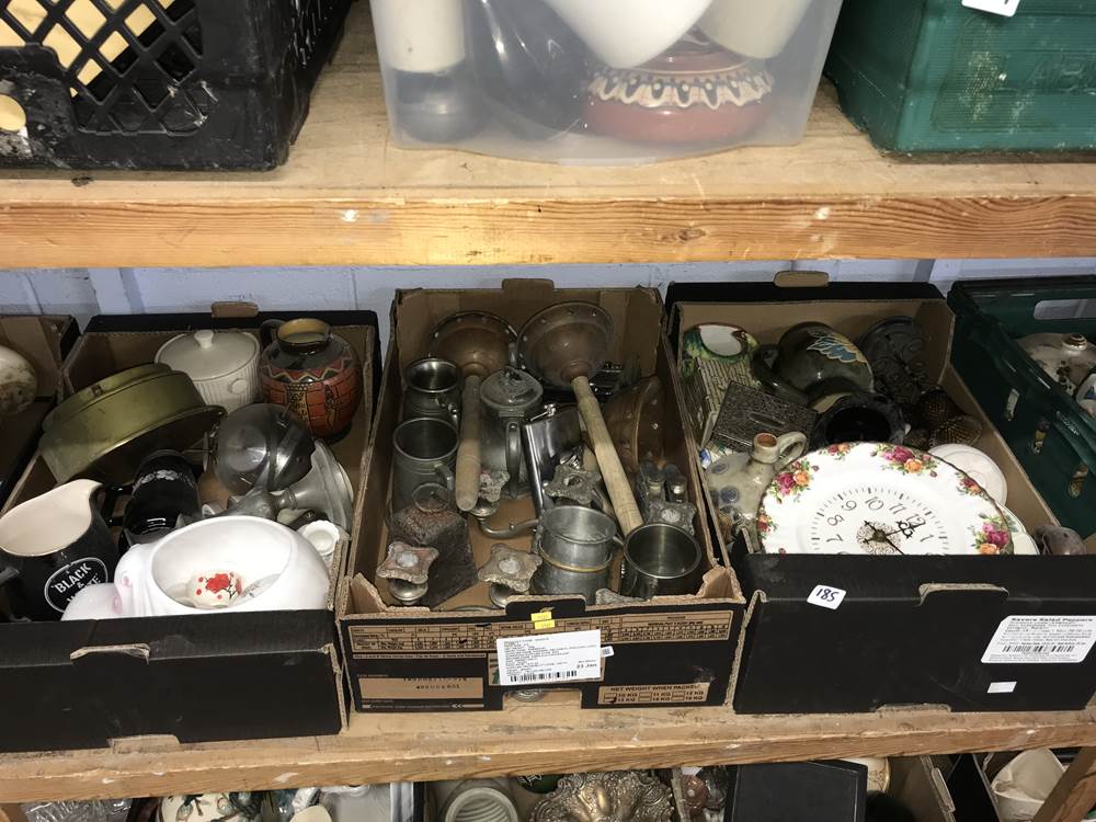 Three trays of metalware etc