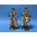 A pair of Murano amber glass figures by G. Toffolo, H 31cm