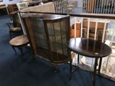 Walnut China cabinet and two occasional tables