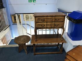 Carved occasional table, a chest of drawers and an oak coffee table