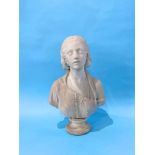 A 19th century quarter length marble bust of a lady, with braided hair and wearing a cross,