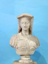 A 19th century quarter length marble bust of a lady, wearing a headdress and cross, resting upon a