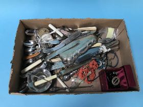 Box of assorted including cutlery, coral jewellery etc
