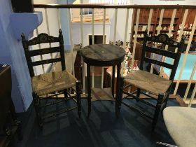 Pair of painted chairs and an Edwardian circular occasional table