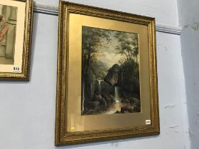 William Boyce, watercolour, signed, 'Landscape waterfall', 45 x 34cm