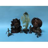 Collection of carved wood figures, a carved jade figure and various bronze Indian figures