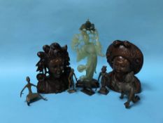Collection of carved wood figures, a carved jade figure and various bronze Indian figures