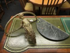 A heavy brass half moon figural marble top hall table, W 46cm