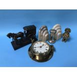 Ringtons wagon, ships clock, money box and pair of bookends