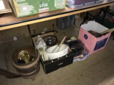 Two boxes of assorted, a brass bucket etc