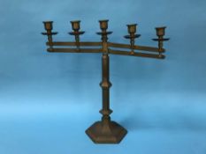 An adjustable Rostand brass five sconce candelabra, Rostand 813, H 46cm