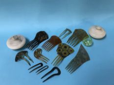 Collection of hair combs, slides, a Mary Gregory style pot etc