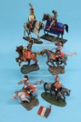 A collection of six various metal painted military figures on horseback