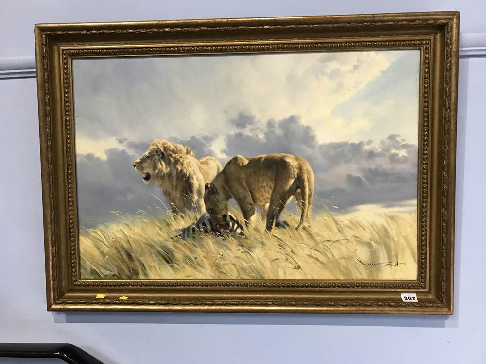 Donald Grant (1930-2001), oil, signed, 'Lion and Lioness Hunting Zebra', bears MacConnal-Mason and - Image 2 of 3