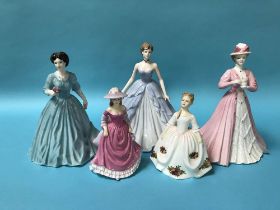 Three Coalport figurines and two Royal Doulton figures