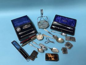 Assorted silver including Vesta's, a pocket watch etc