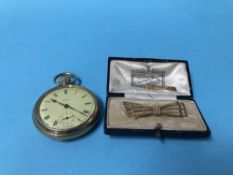 A Smiths gold plated pocket watch and a brooch stamped 9ct, 5g