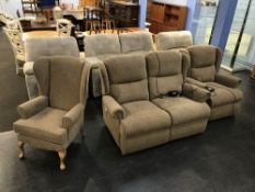 A reclining two seater settee and armchair and a matching armchair