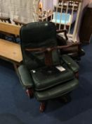 Green leather swivel chair and stool
