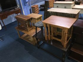 Two oak coffee tables, carved seat, nest of tables etc