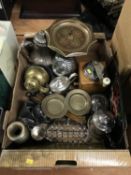 Tray of assorted, metalware, coffee grinder etc