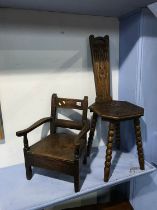 An oak childs chair and a carved chair (2)