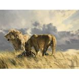 Donald Grant (1930-2001), oil, signed, 'Lion and Lioness Hunting Zebra', bears MacConnal-Mason and