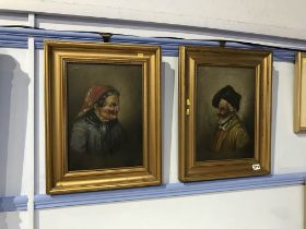20th Century Italian School, indistinctly signed, pair, oils, Portrait of an old man and lady, 35