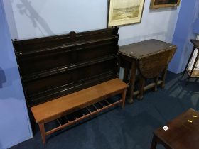 Teak coffee table, a delft rack and an oak gateleg table