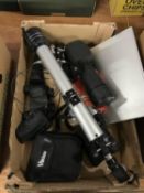 Box of binoculars, scopes etc