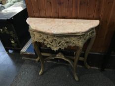 A marble top console table, with gold painted ornate base, W 95cm