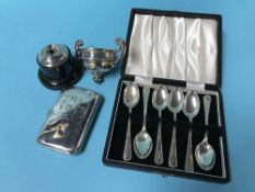 Cased set of silver spoons, a cigarette case and a trophy
