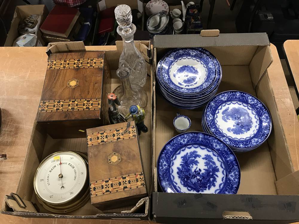 Box of blue and white china, glass decanters, barometer etc