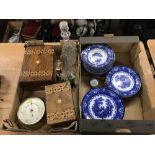 Box of blue and white china, glass decanters, barometer etc