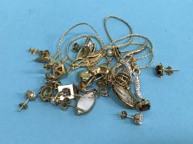 A gold chain, stamped 750 and another 9ct, total weight 3.8g and various pairs of '375' earrings