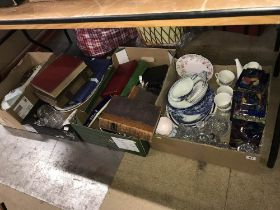 Four boxes of glass, china, pair of Rubens vases etc