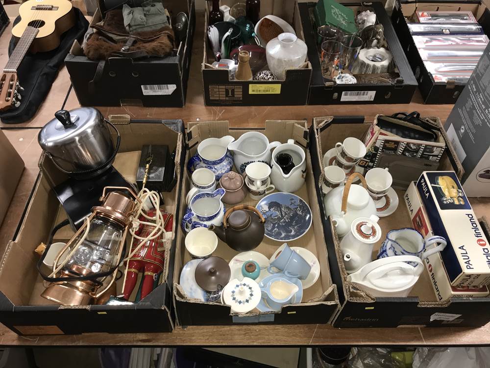 Three trays including Scandinavian pottery etc