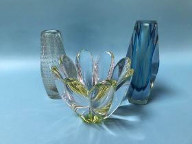 A 1960's Murano Sommerso blue cased vase, a clear glass vase with air bubbles and an Orrefors