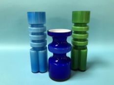 Three coloured art glass vases