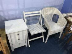 White bedside drawer and two chairs