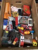 Box of diecast toys, two Nintendo games and watch etc