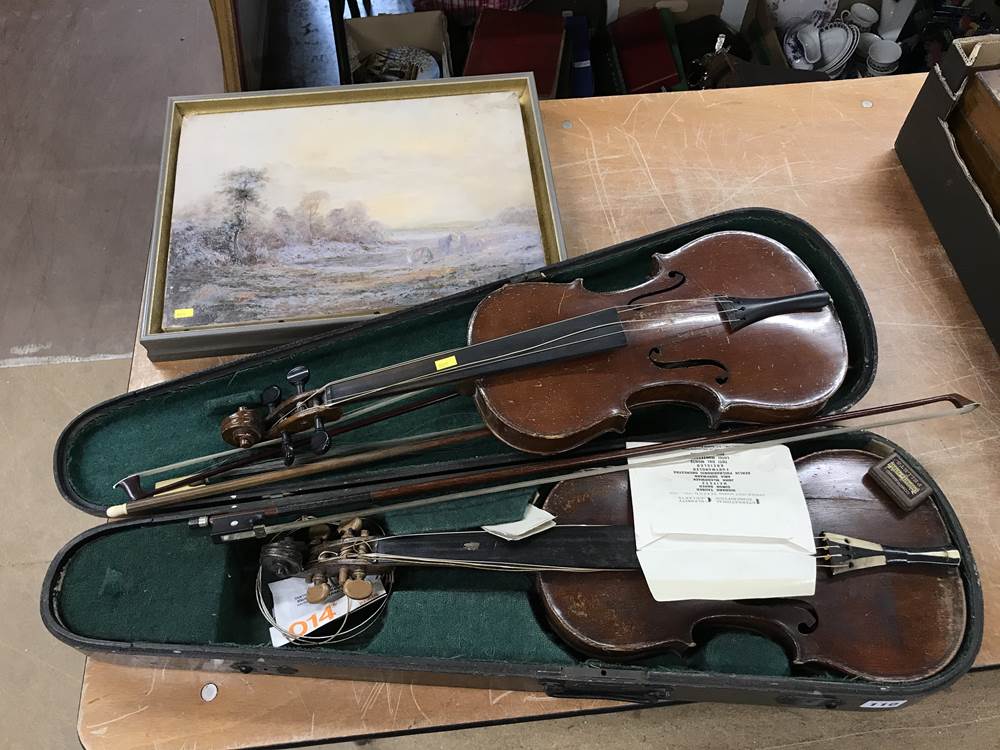 Two violins, three bows and two oils