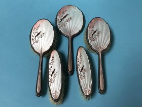 A five piece enamelled silver vanity set, Albert Carter ?, Birmingham, 1924