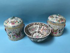 A pair of Canton style lidded containers and a bowl