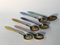 A set of six Norwegian enamelled tea spoons, stamped '925', 70g