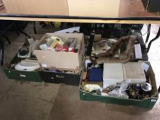 Five boxes of china, boxed cars, silver plate etc.